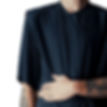shoulder detail of washed black silk button up shirt. shirt has raw cut neck line and raw cut angled mid-length  sleeves.