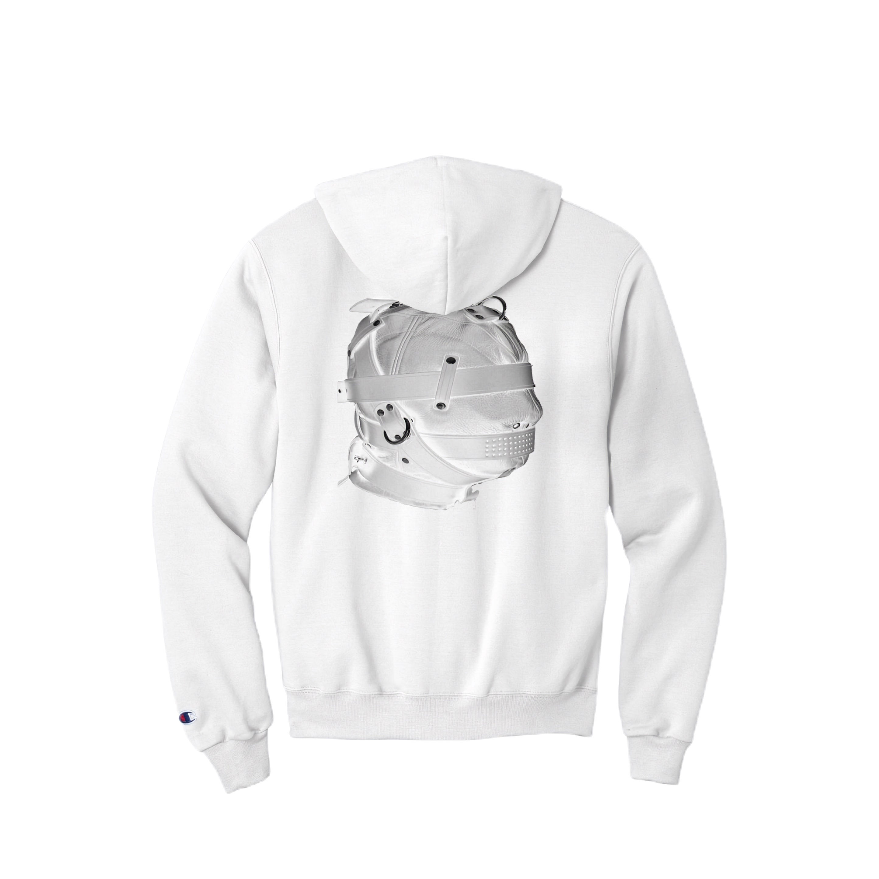 back image, white hoodie, high quality graphic image of white "ab ovo" leather bondage, gimp, fetish mask.