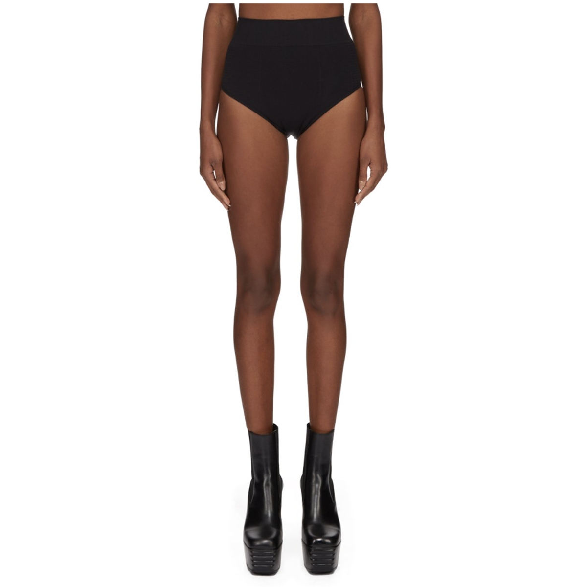 model wearing rick owens, black high waisted underpants