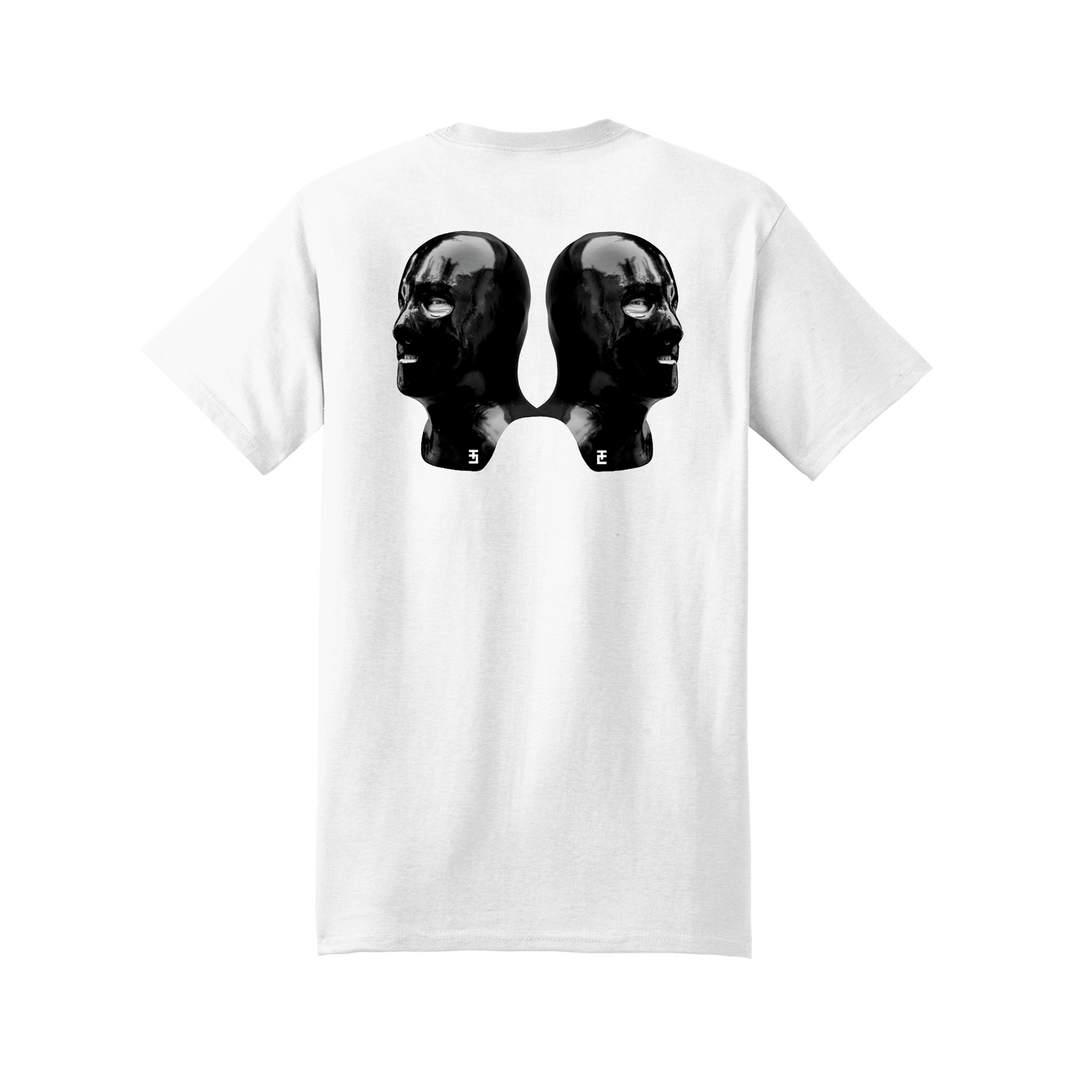 back image, white tee-shirt, high quality graphic image of "glass" twin latex bondage, gimp, fetish masks.