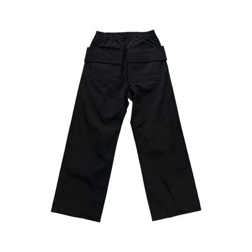 rick owens, dark shadow, black poplin, wide leg pants. drawstring and elastic waist with mega cargo pockets on hip.