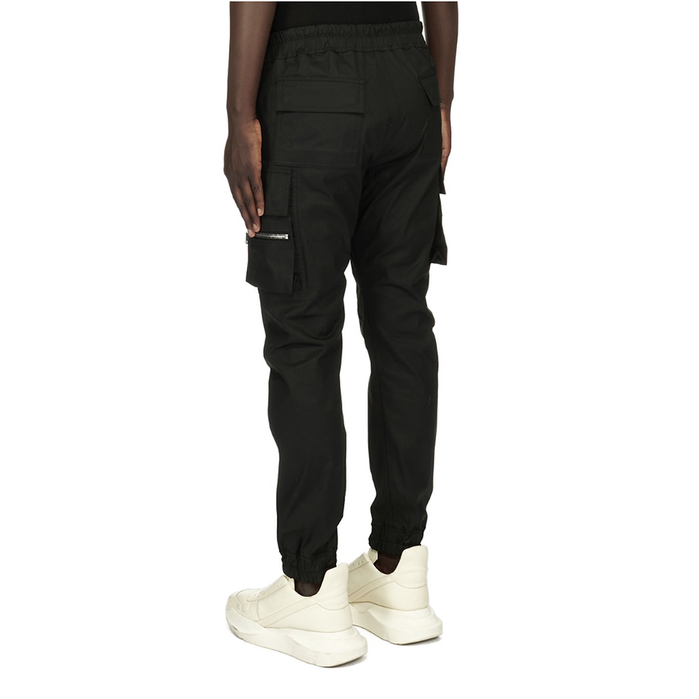 back, rick owens, classic black poplin, elastic cuffed moto-style cargo pants.