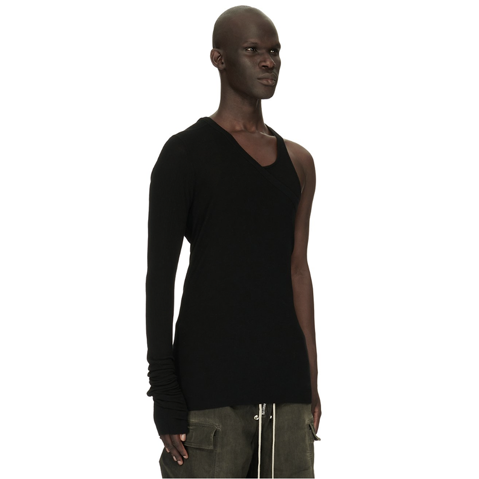 Thumbnail: side image, Rick Owens model wearing classic black ribbed tank top that transforms into a dress or asymmetrical top