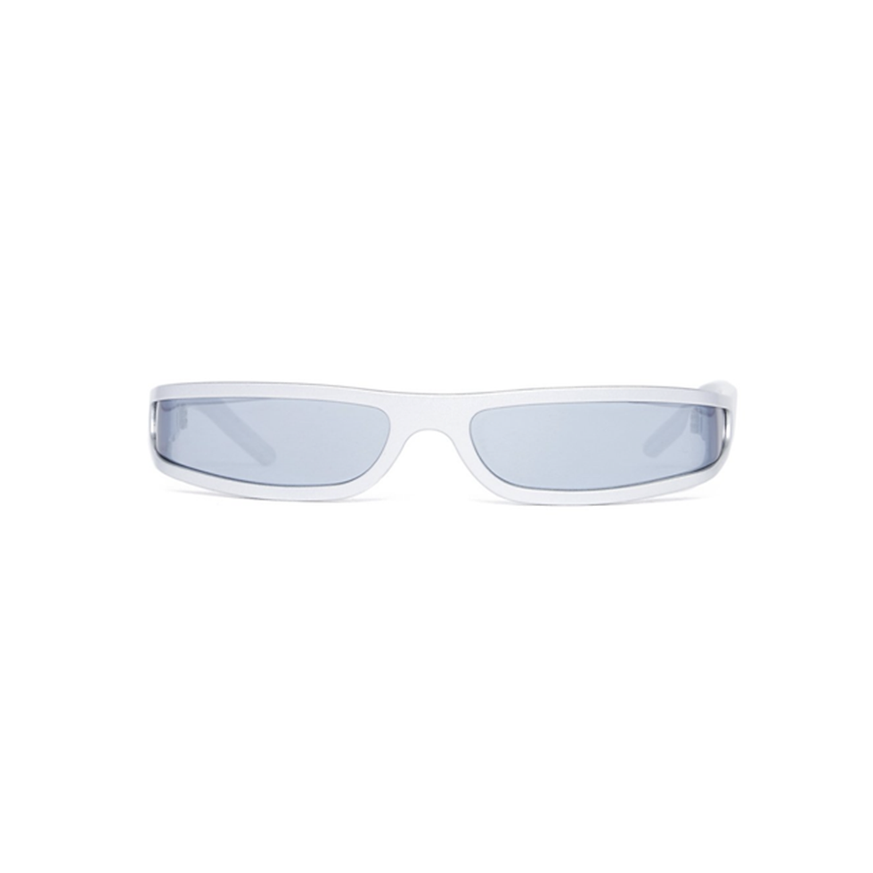 slim profile, silver metallic sunglasses with mirrored tint.