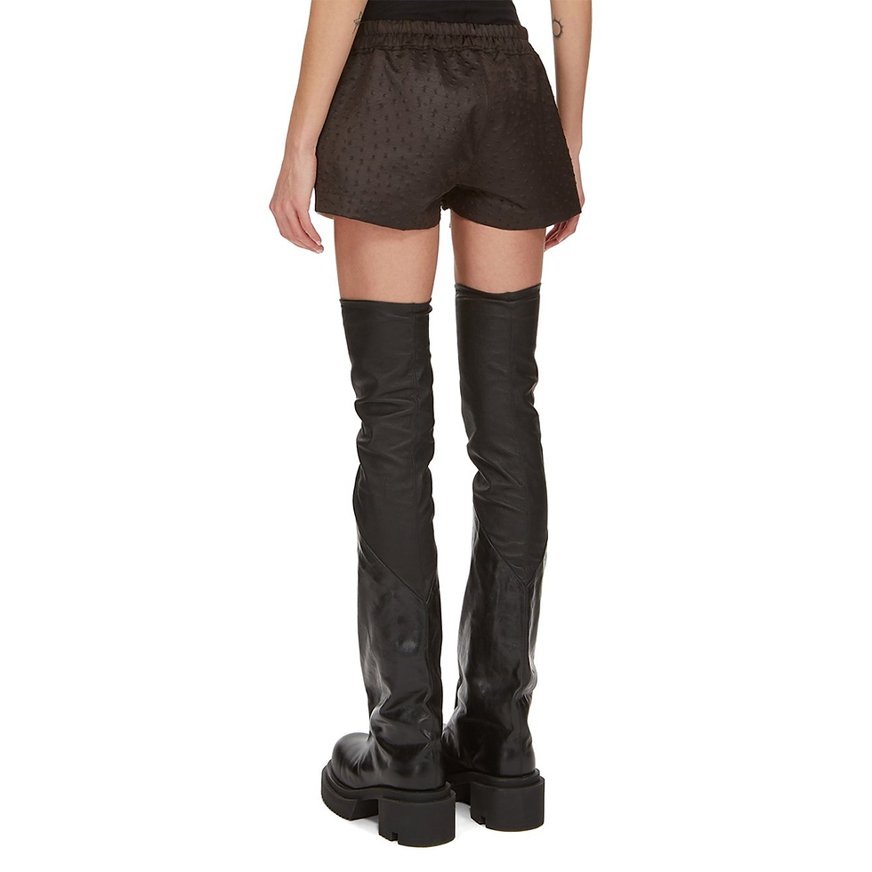 back, faux ostrich embossed brown satin fabric. high cut elastic waist with drawstring. with exposed pocket bottoms.