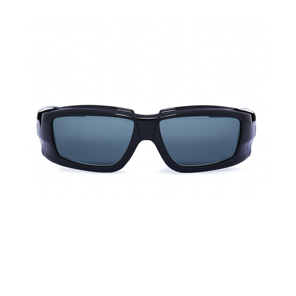 rick owens, unisex black acetate sunglasses. tinted with mild mirror effect.