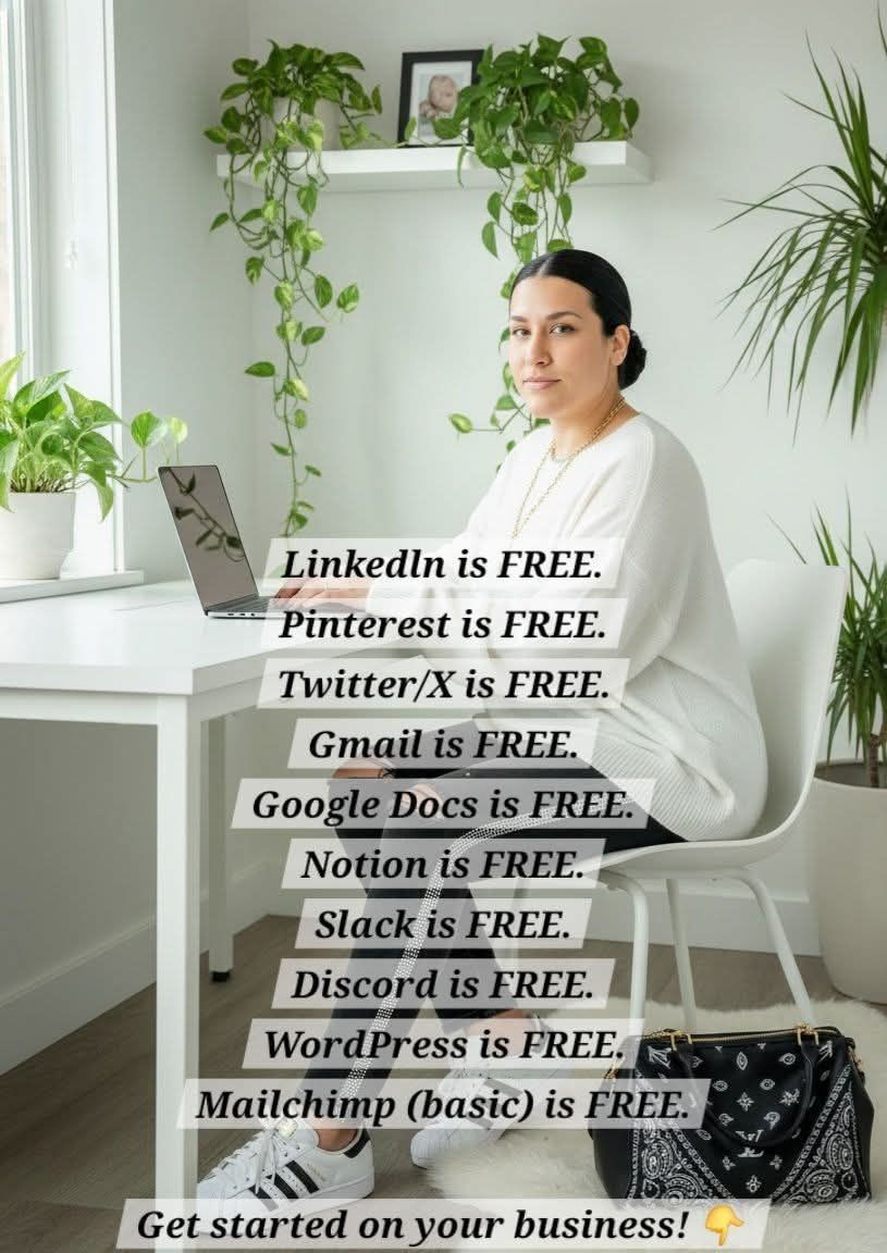 "A graphic listing various free digital tools for starting a business, including LinkedIn, Pinterest, Twitter/X, Gmail, Google Docs, Notion, Slack, Discord, WordPress, and Mailchimp. The text encourages readers to start their business today and join a journey of learning one day at a time, featuring the website link www.fashionfindshub.com."