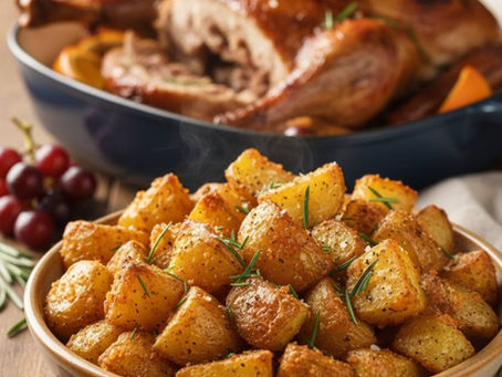 Crispy duck fat roasted potatoes with rosemary and flaky sea salt, featuring a deep golden-brown crust and fluffy centers.