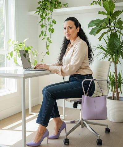 A woman with long, curly dark hair sits at a white desk in a bright, sunlit room, working on a silver laptop. She wears a light green button-down shirt, distressed light-blue jeans, and green snakeskin-patterned high heels. On the desk sits a textured mint green handbag with a gold chain strap. The background is filled with lush green houseplants, creating a fresh and professional office atmosphere.