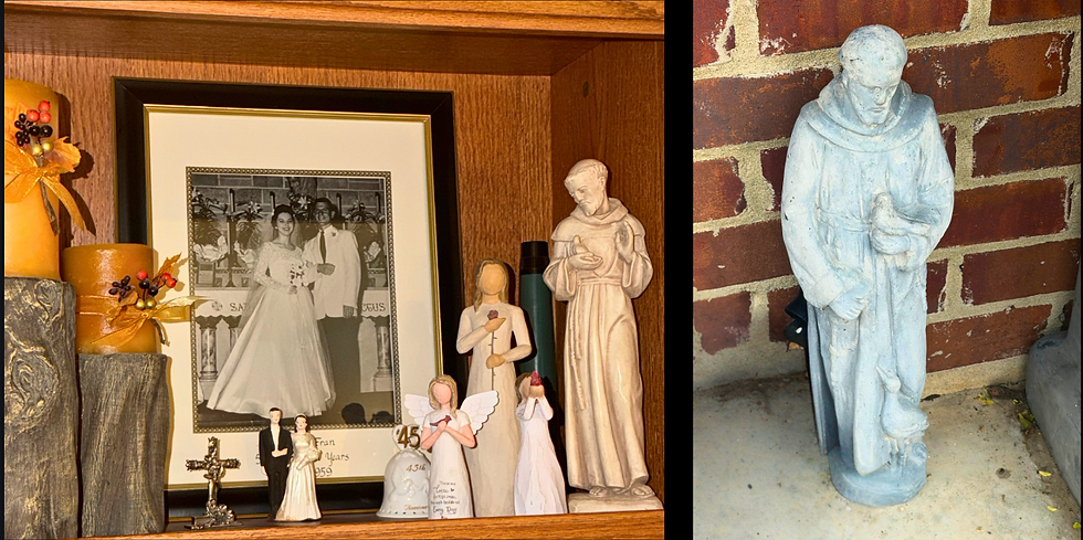 Left: Wedding photo of my grandparents, Philip Oliver Correro and Fran Kathryn White Correro, pictured alongside a cross, angels, their wedding cake topper, and St. Francis. Right: St. Francis statue at my cousin William Correro’s house.