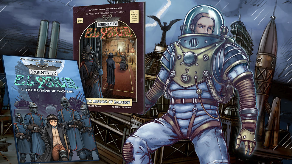 Kickstarter banner with a Steampunk Astronaut for the steampunk comicbook by Bonsart Bokel Journey to Elysium