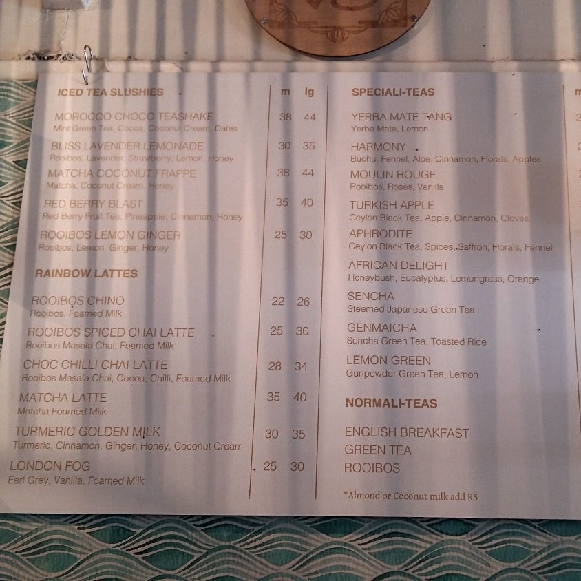 sample Rooibos teas, cappuccino's and latte's at a local cafe