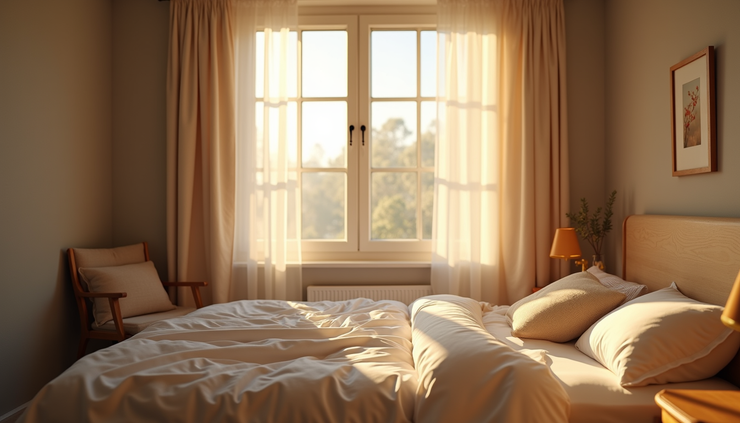 Eye-level view of a peaceful bedroom with soft morning light coming through the window