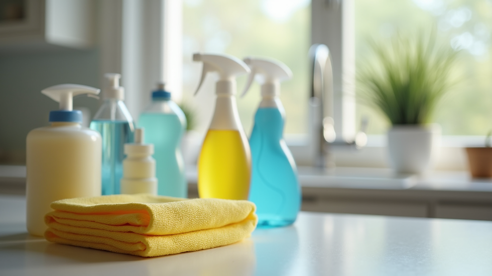Close-up view of cleaning supplies arranged neatly on a countertop