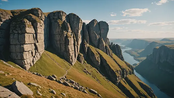 Wide angle view of the rocky cliffs ideal for climbing