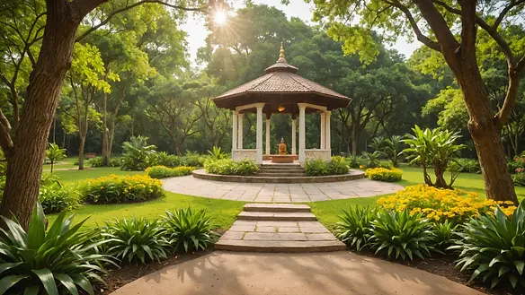 Close-up view of the Sivananda Ashram's tranquil meditation garden