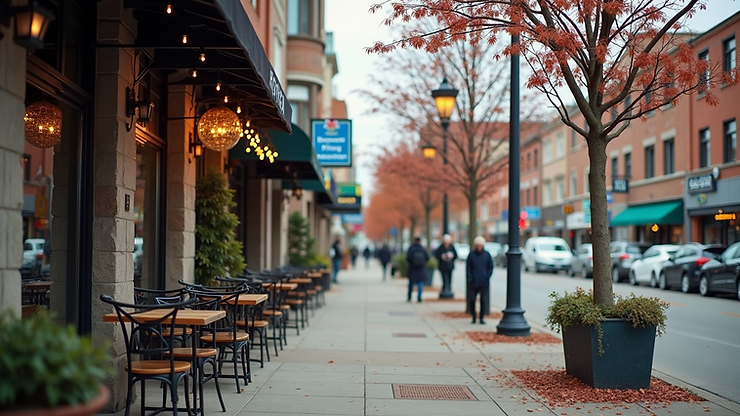 Close-up view of Red Deer's downtown area featuring cafes and shops