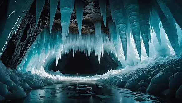 Close-up view of a stunning ice cavern illuminated by natural light