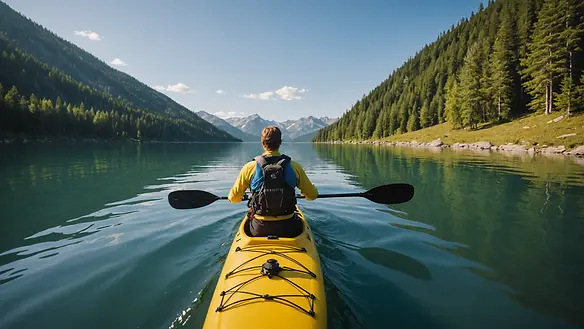Wide angle view of a kayaker on a serene lake