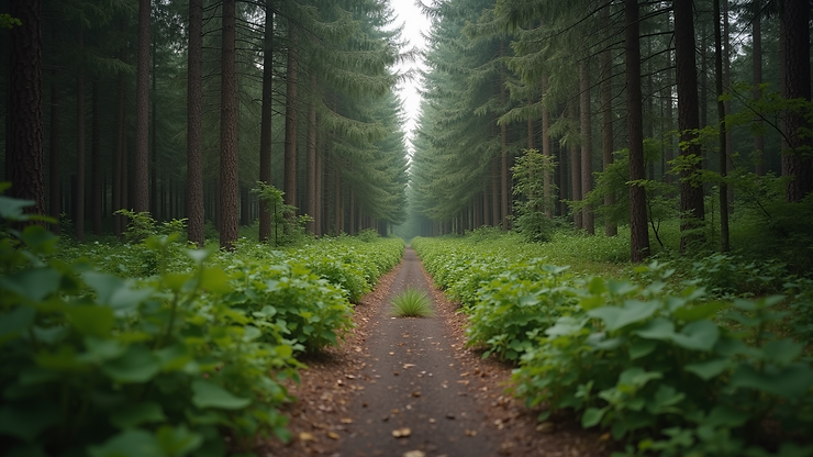 Eye-level view of two paths diverging in a forest symbolizing different goals