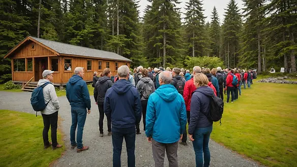 Wide angle view of a group of visitors enjoying a guided heritage tour of Sitka.