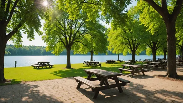 Close-up view of the picnic area with tables under trees near the lake