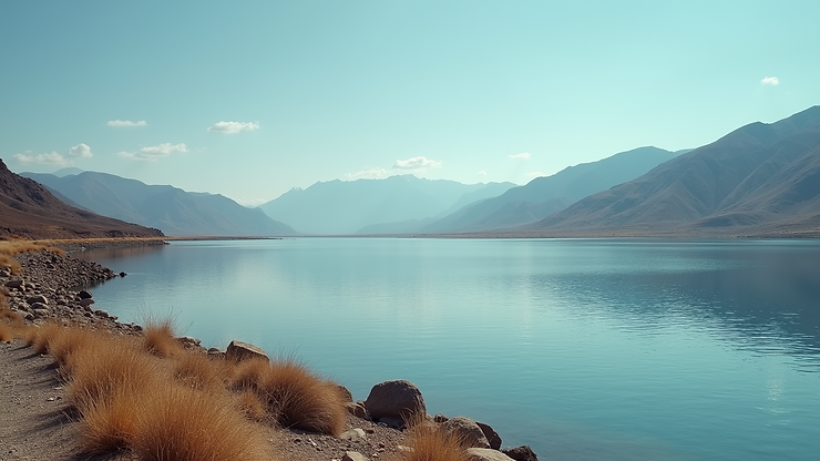 Wide angle view of Roosevelt Lake with mountains in the background