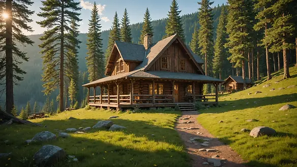 Eye-level view of a quaint cabin in the wilderness