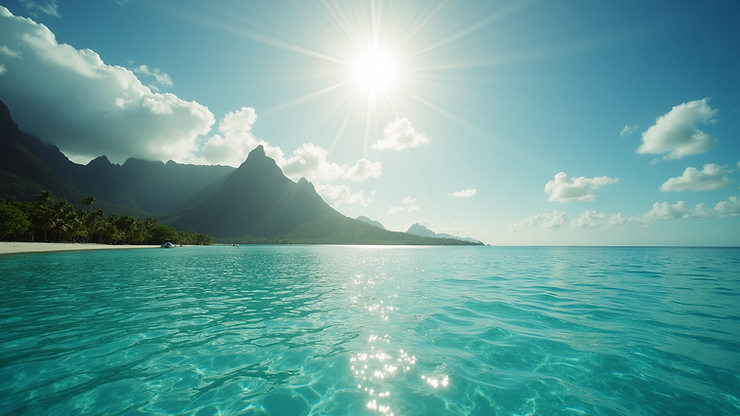 Wide angle view of Bora Bora's West Coast shining under the sun