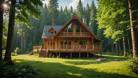 Eye-level view of wooden lodge surrounded by lush forests