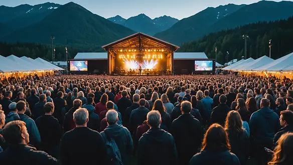 Eye-level view of a lively concert scene during the Sitka Summer Music Festival.