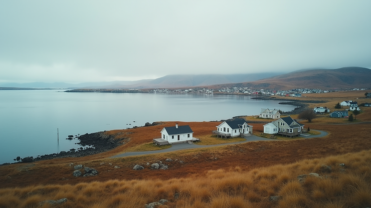 High angle view of Chesterfield Inlet’s scattered homes and scenic background