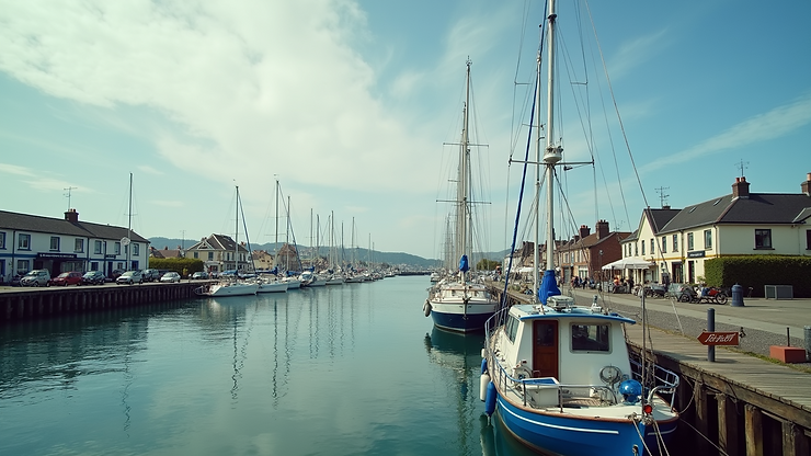 Eye-level view of Cockburn Town harbor with boats