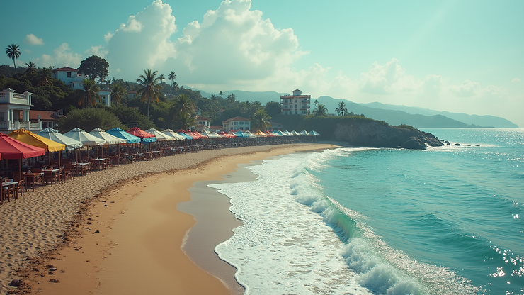 High angle view of a tranquil beach dotted with local seafood restaurants