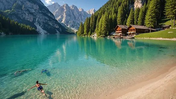 Eye-level view of swimmers enjoying the clear waters of Lago di Braies