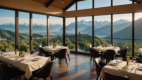 Wide angle view of dining setup at the Rotair Restaurant overlooking mountains