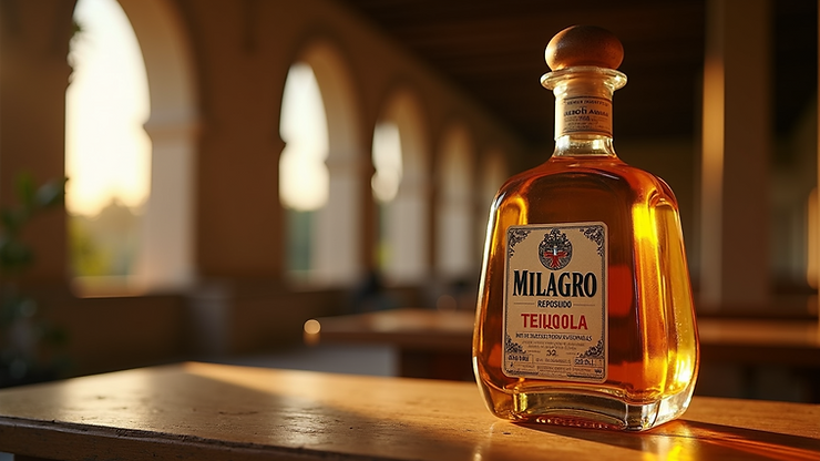 A close-up view of a Milagro Reposado tequila bottle