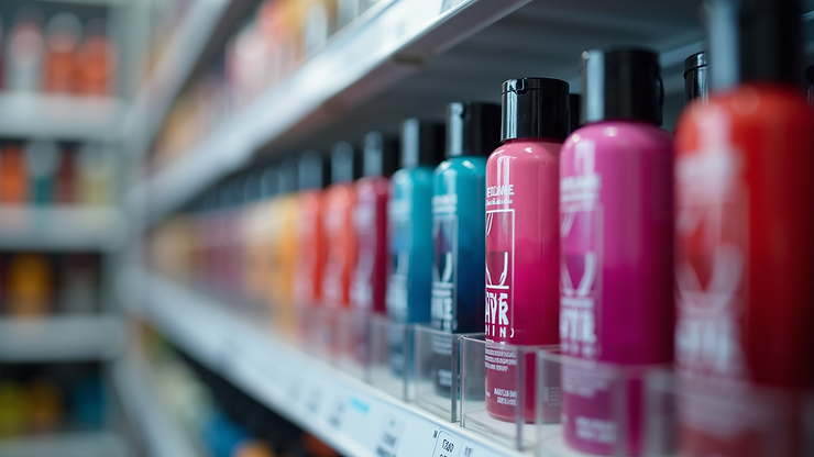 Eye-level view of a vibrant hair dye product display