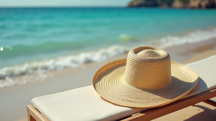 High angle view of a wide-brimmed straw hat on a beach chair