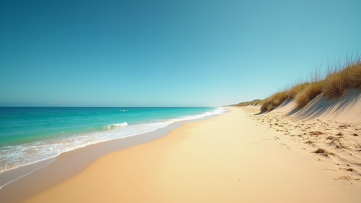Wide angle view of Grayton Beach's golden sands and clear blue water