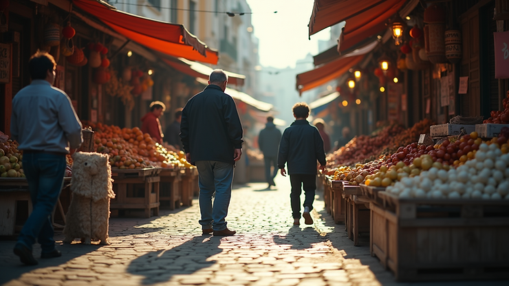 Eye-level view of a bustling market scene in Riverton