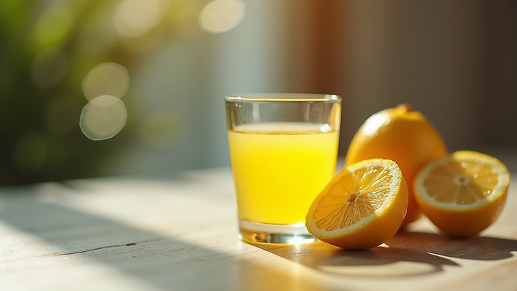 Eye-level view of lemon juice in a small glass