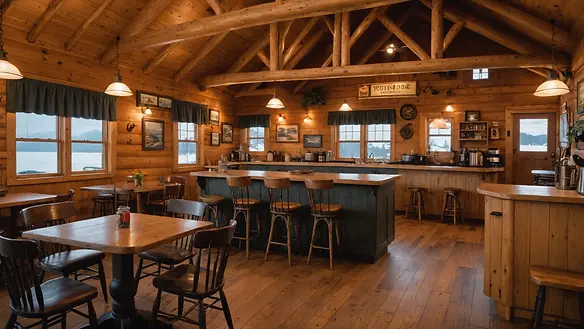 Eye-level view of the rustic interior of the Sitka Sound Roadhouse, highlighting local decor and ambiance.