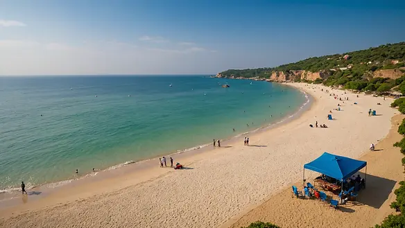 Wide angle view of Punta Bida beach with fishermen at the shore