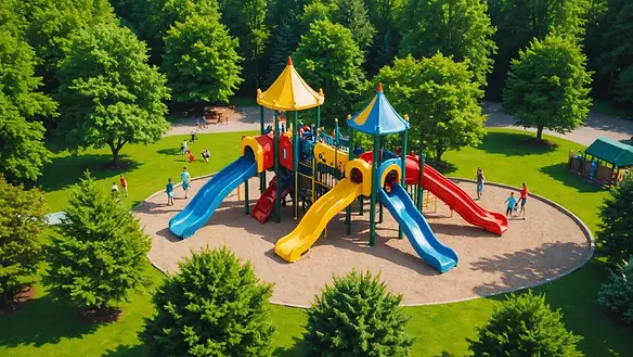 High angle view of a colorful playground surrounded by trees
