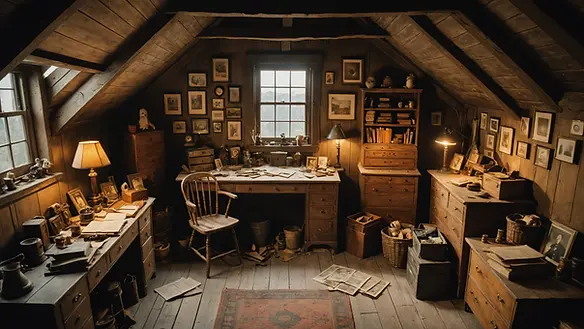 High angle view of an old, dusty attic filled with ghostly memorabilia