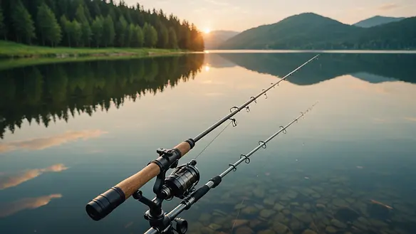 Eye-level view of a fishing rod set against the calm lake