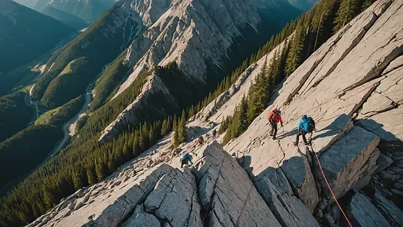 High angle view of climbers ascending the rocky face of Mount Norquay