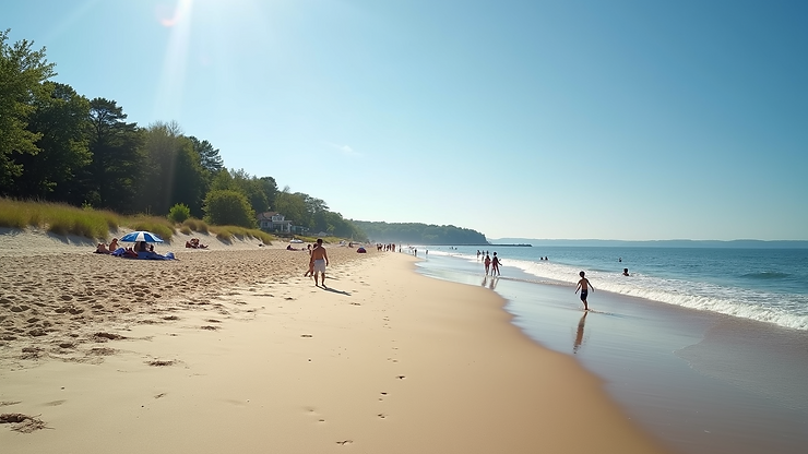 Wide angle view of Rocky Neck State Park with beachgoers enjoying a sunny day