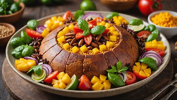Close-up view of a bowl of Antillean Cocho adorned with colorful garnishes